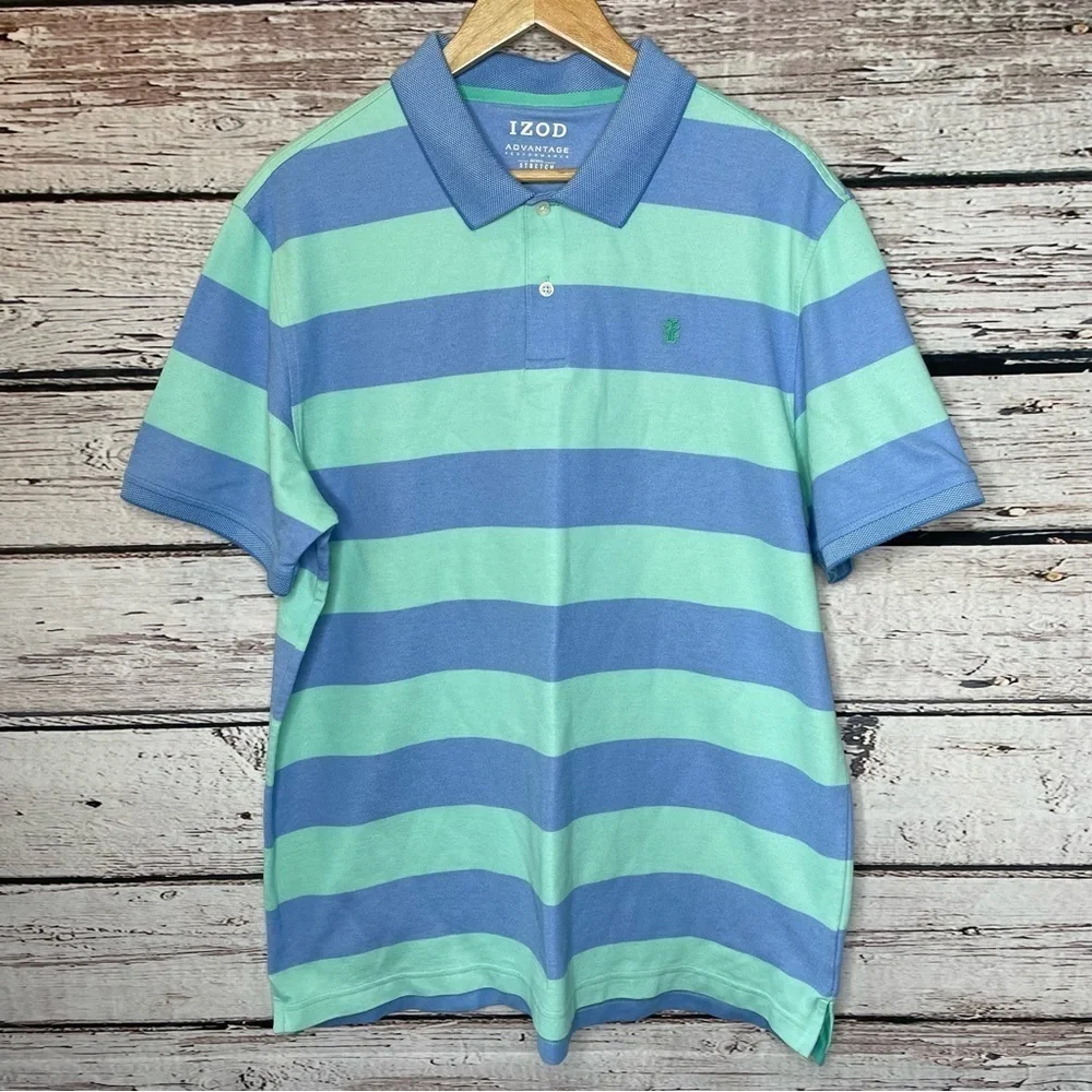 IZOD Men’s Advantage Performance Stretch Polo Shirt Size XL Blue‎ Green Striped